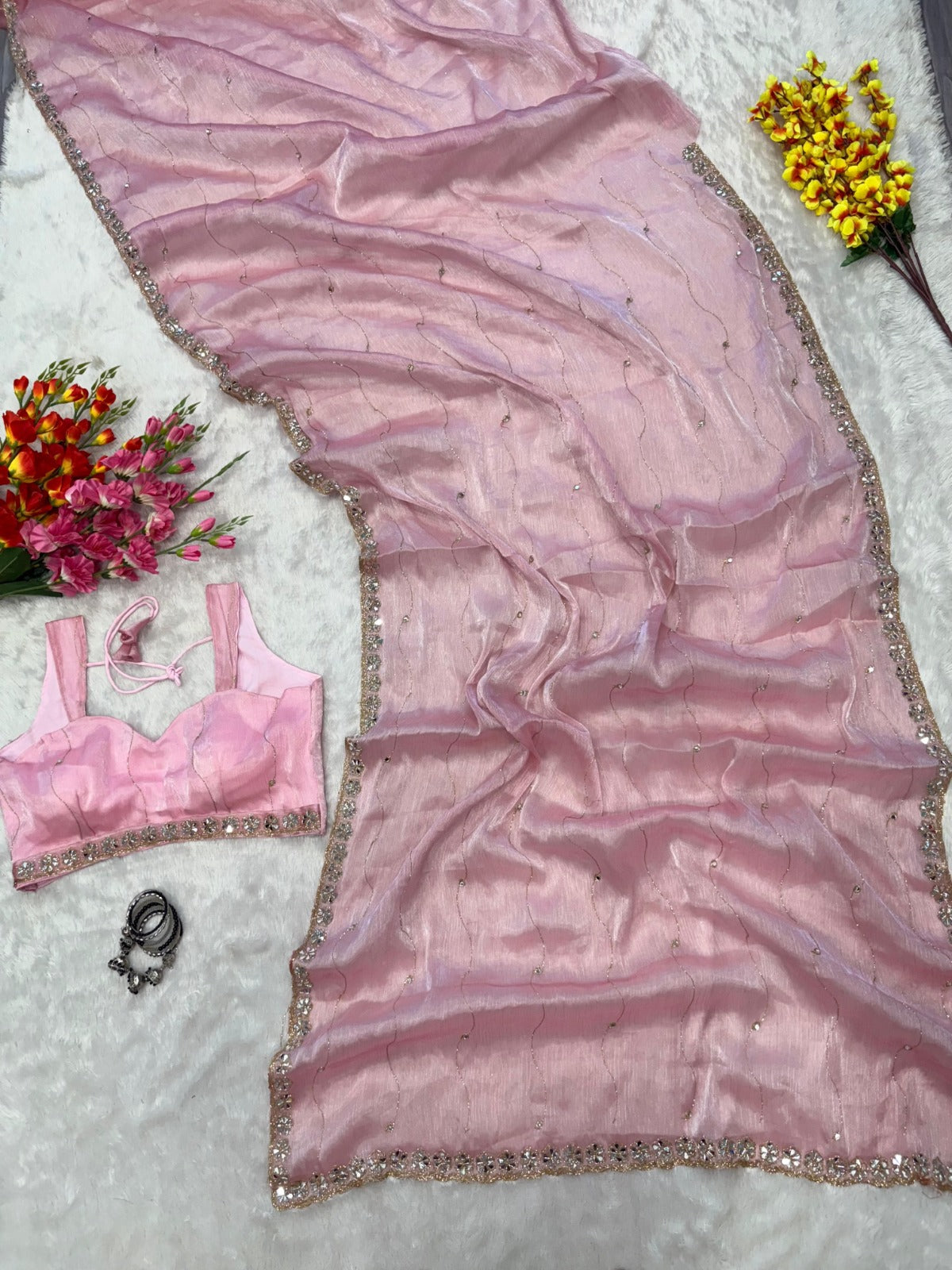 Premium Jimmy Chu Silk Saree – Real Mirror & Glitter Dori Work with Matching Blouse | House of ShiVisha™ | Code: ASN-70 - Ima