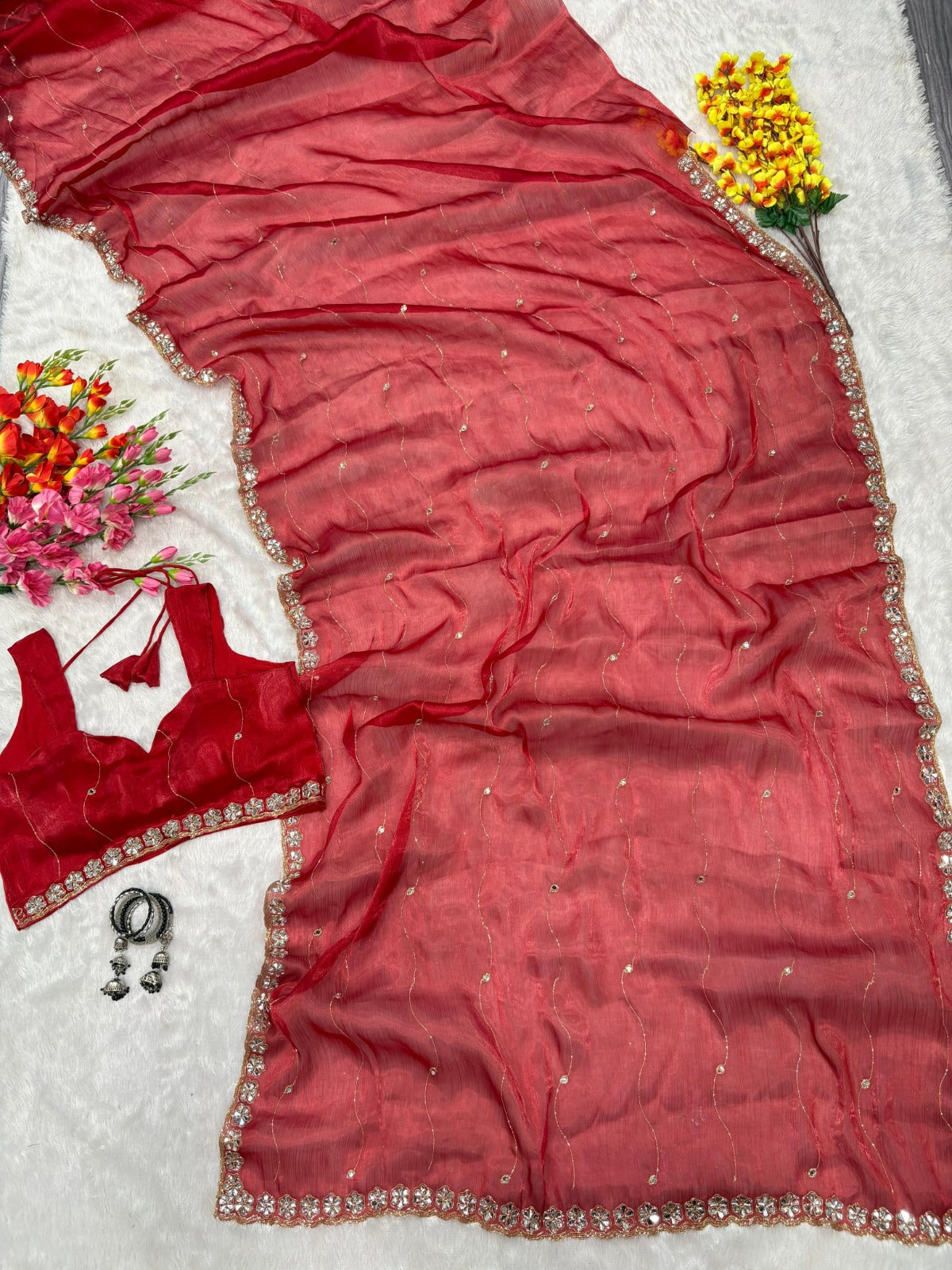 Premium Jimmy Chu Silk Saree – Real Mirror & Glitter Dori Work with Matching Blouse | House of ShiVisha™ | Code: ASN-70 - Ima