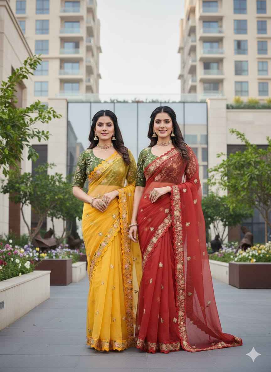 Premium Organza Silk Saree – Multi Work, Coding & Sequins Detailing with Diamond Silk Blouse  House of ShiVisha™