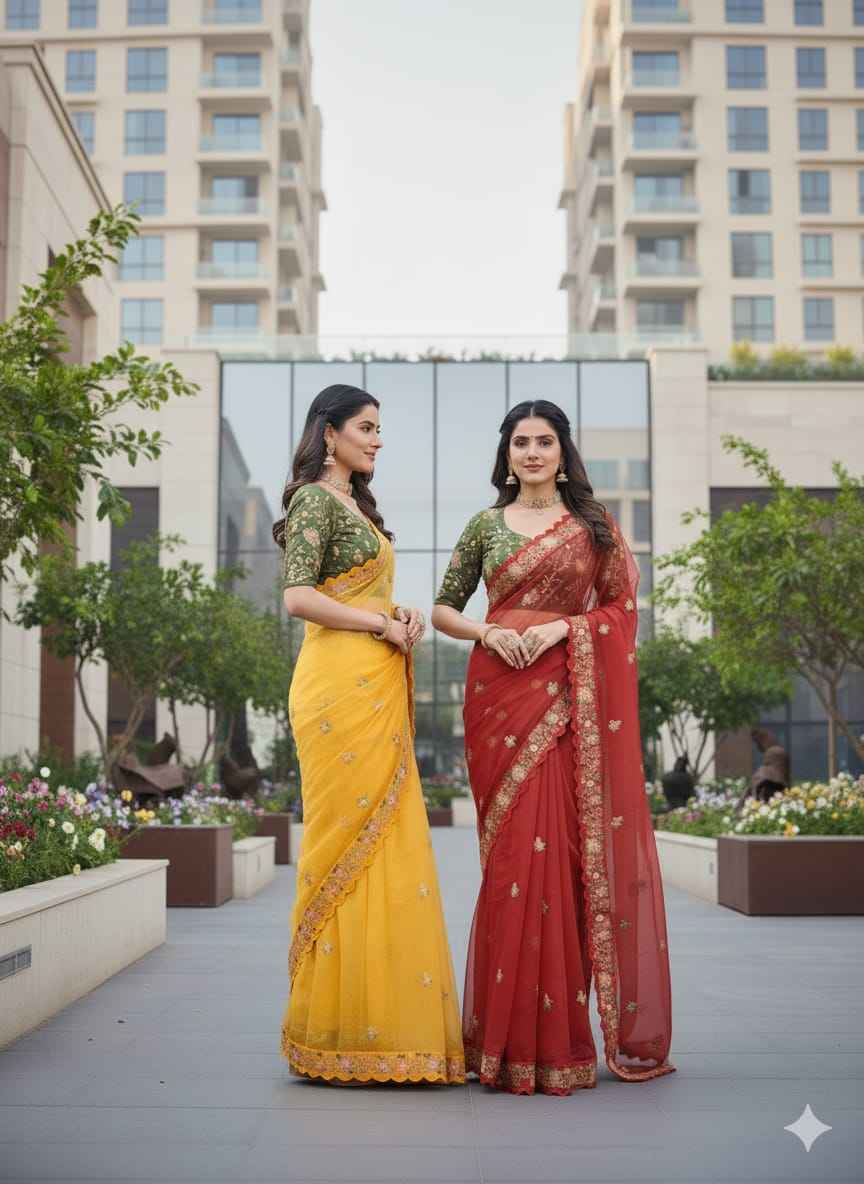 Premium Organza Silk Saree – Multi Work, Coding & Sequins Detailing with Diamond Silk Blouse  House of ShiVisha™