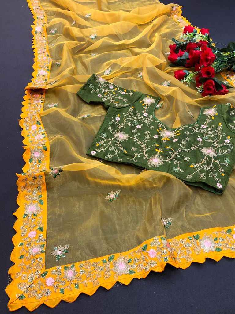 Premium Organza Silk Saree – Multi Work, Coding & Sequins Detailing with Diamond Silk Blouse  House of ShiVisha™