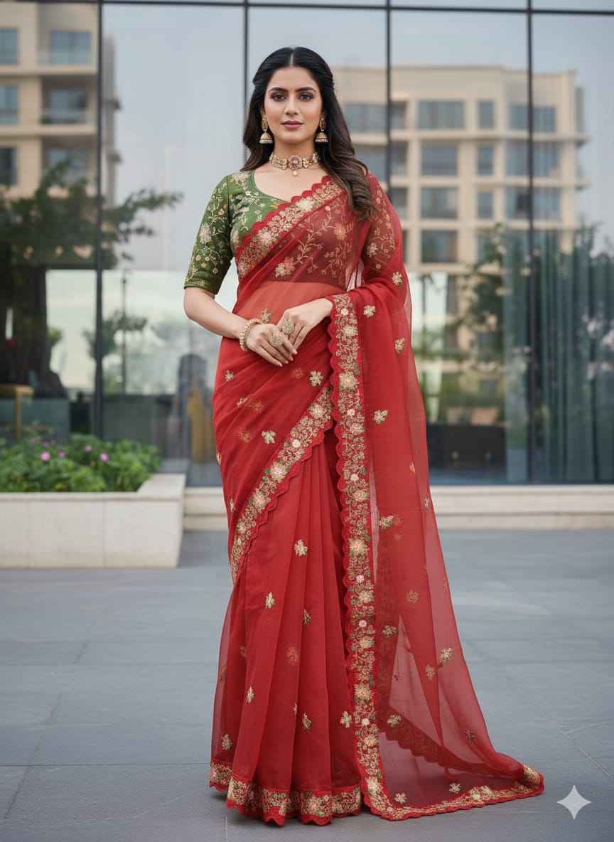 Premium Organza Silk Saree – Multi Work, Coding & Sequins Detailing with Diamond Silk Blouse  House of ShiVisha™