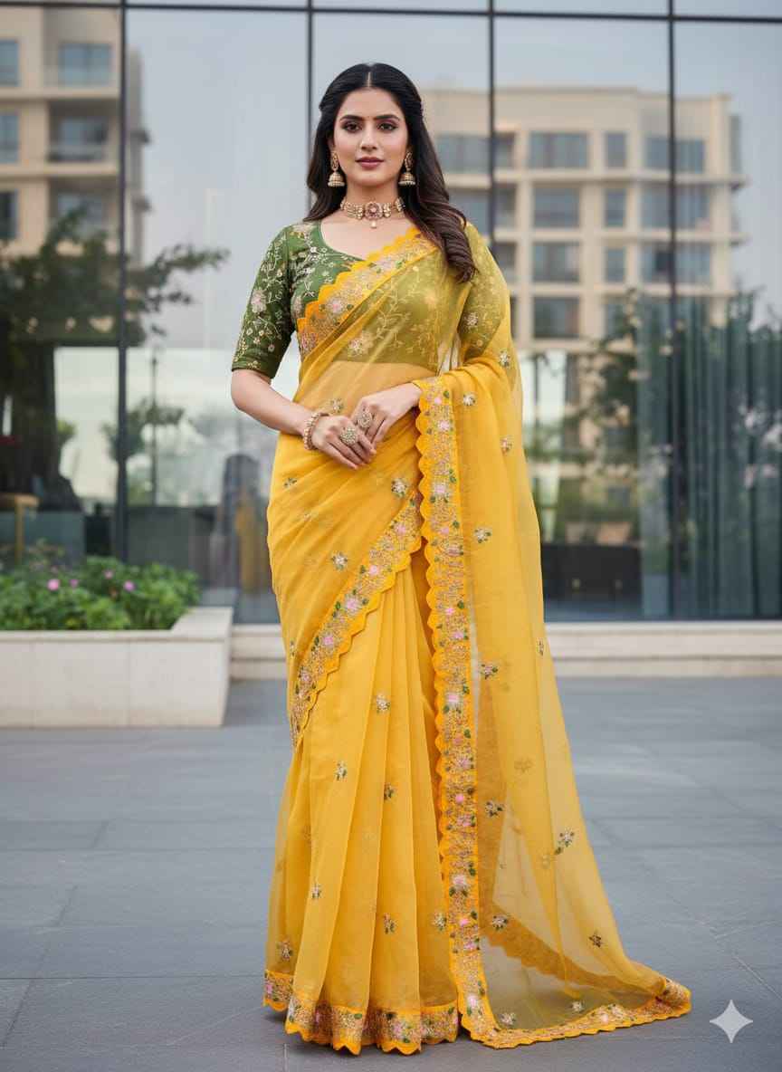Premium Organza Silk Saree – Multi Work, Coding & Sequins Detailing with Diamond Silk Blouse  House of ShiVisha™
