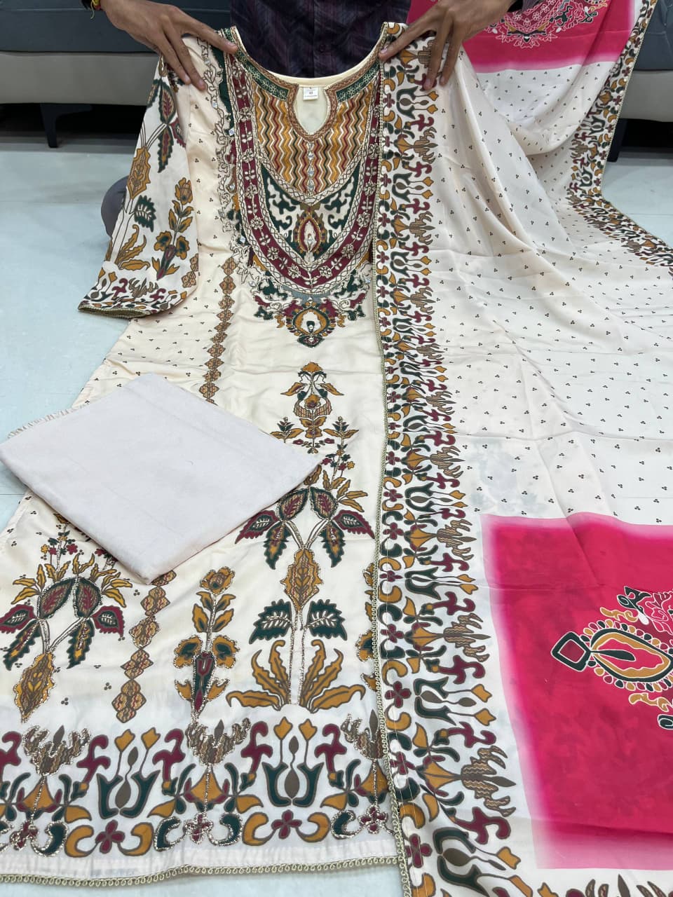 Premium Russian Silk Kurti Pant Dupatta Set – Aari & Hand Work Detailing with Cotton Lining | House of ShiVisha™