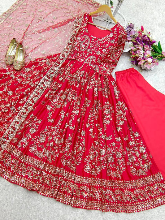 Pure Chinon Silk Gown Pant Dupatta Set – Heavy 5mm Sequin Embroidery with Soft Net Dupatta | House of ShiVisha™ | Ready-to-Wear Luxe Edition