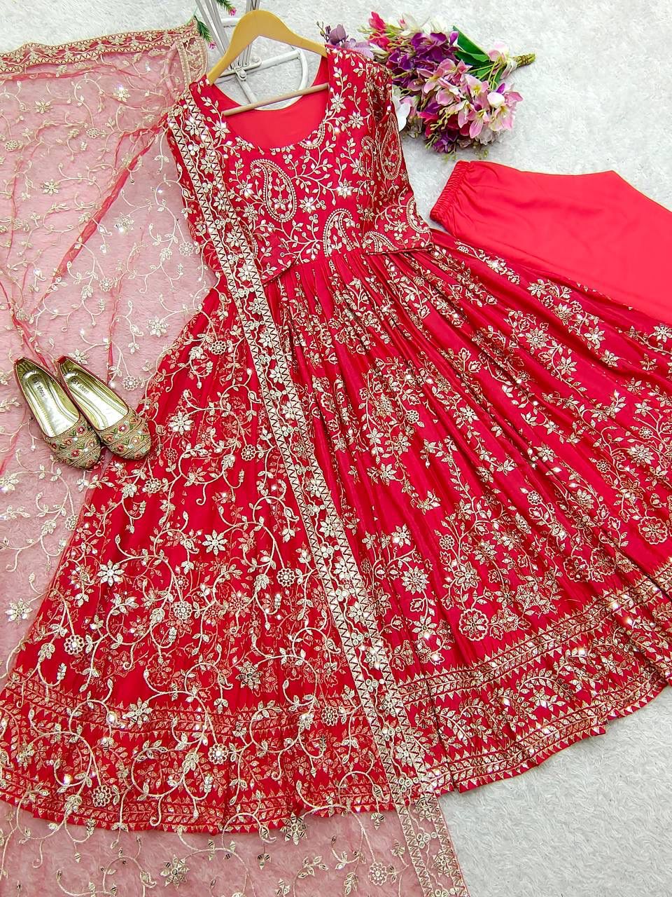 Pure Chinon Silk Gown Pant Dupatta Set – Heavy 5mm Sequin Embroidery with Soft Net Dupatta | House of ShiVisha™ | Ready-to-Wear Luxe Edition