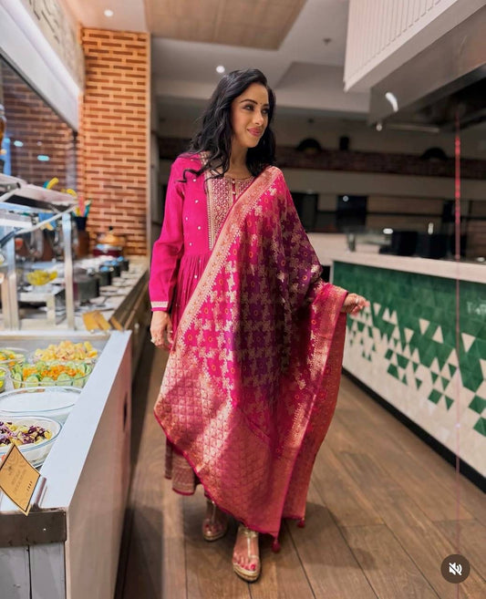 Pure Chinon Silk Gown Pant Dupatta Set – Heavy Sequin Embroidery with Digital Print Dupatta | House of ShiVisha™ | Ready-to-Wear Luxe Edition