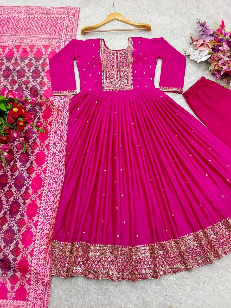 Pure Chinon Silk Gown Pant Dupatta Set – Heavy Sequin Embroidery with Digital Print Dupatta | House of ShiVisha™ | Ready-to-Wear Luxe Edition