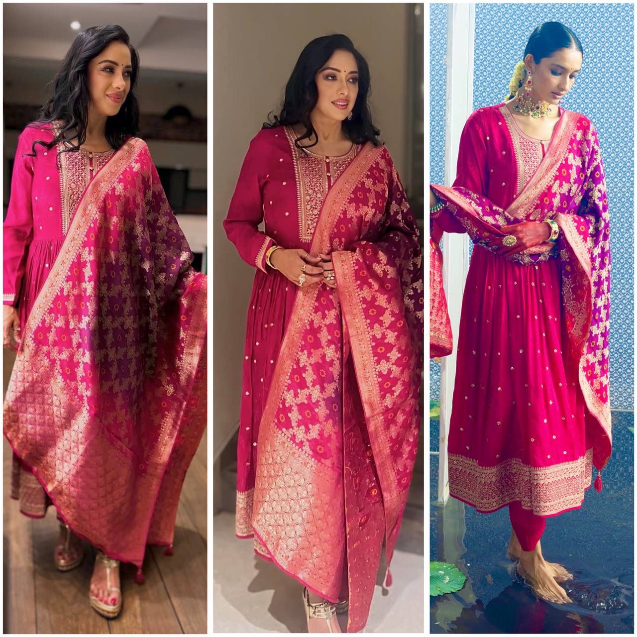 Pure Chinon Silk Gown Pant Dupatta Set – Heavy Sequin Embroidery with Digital Print Dupatta | House of ShiVisha™ | Ready-to-Wear Luxe Edition