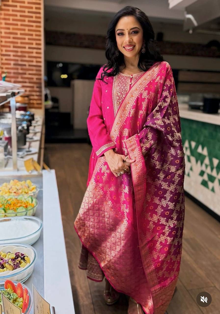 Pure Chinon Silk Gown Pant Dupatta Set – Heavy Sequin Embroidery with Digital Print Dupatta | House of ShiVisha™ | Ready-to-Wear Luxe Edition