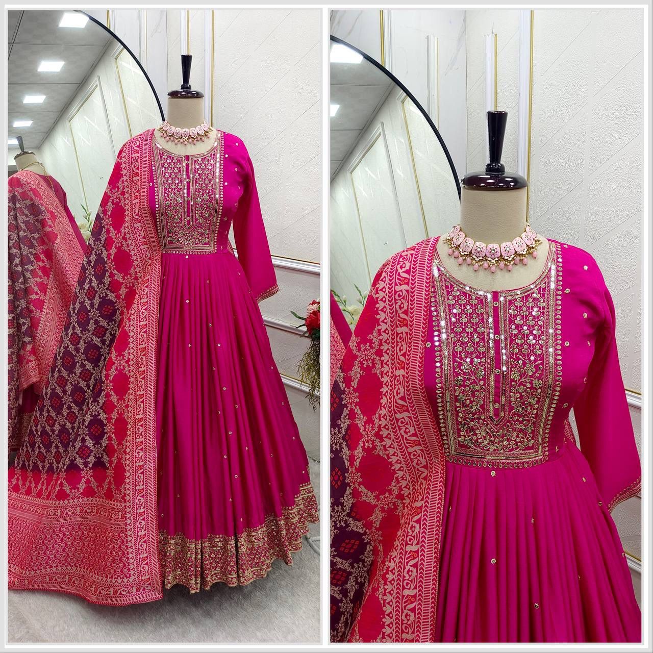 Pure Chinon Silk Gown Pant Dupatta Set – Heavy Sequin Embroidery with Digital Print Dupatta | House of ShiVisha™ | Ready-to-Wear Luxe Edition