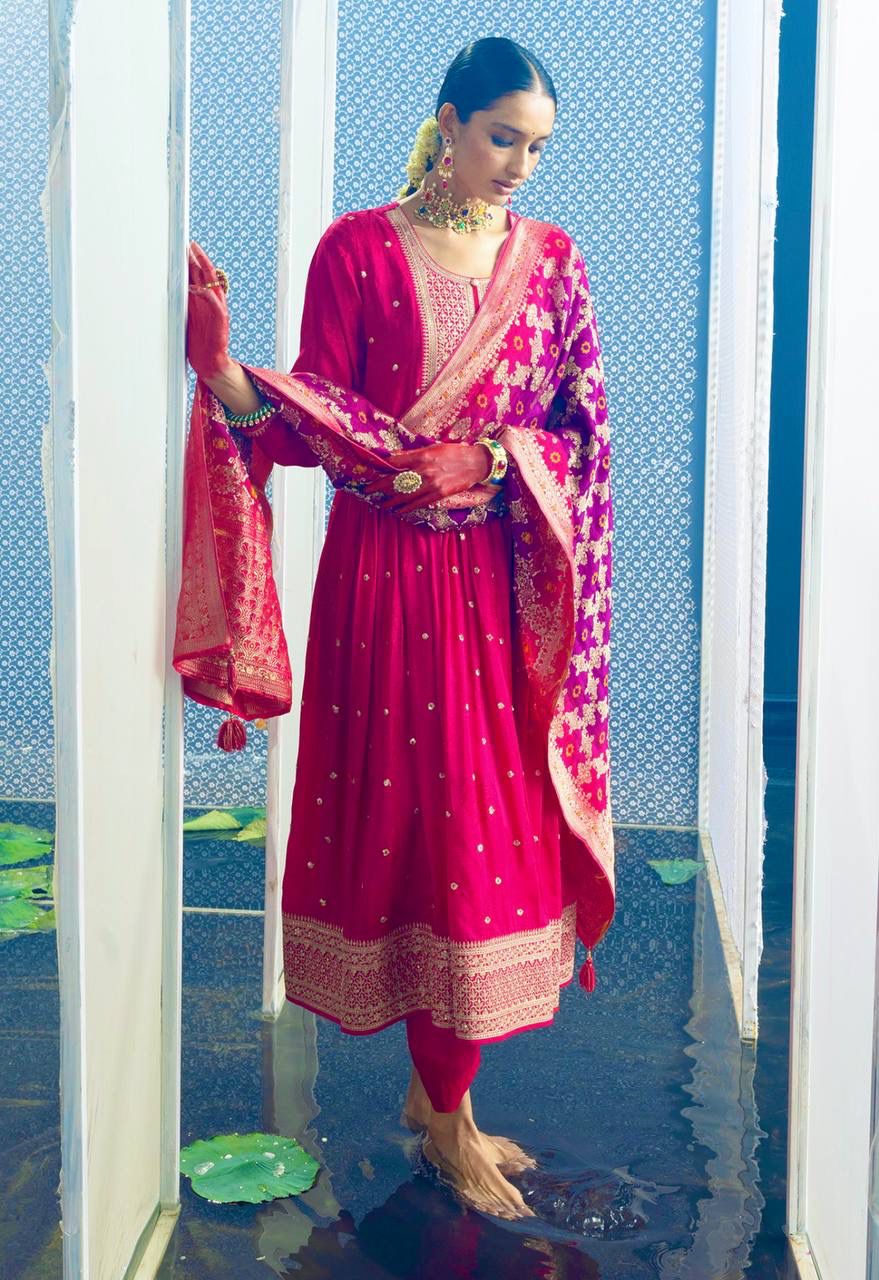 Pure Chinon Silk Gown Pant Dupatta Set – Heavy Sequin Embroidery with Digital Print Dupatta | House of ShiVisha™ | Ready-to-Wear Luxe Edition