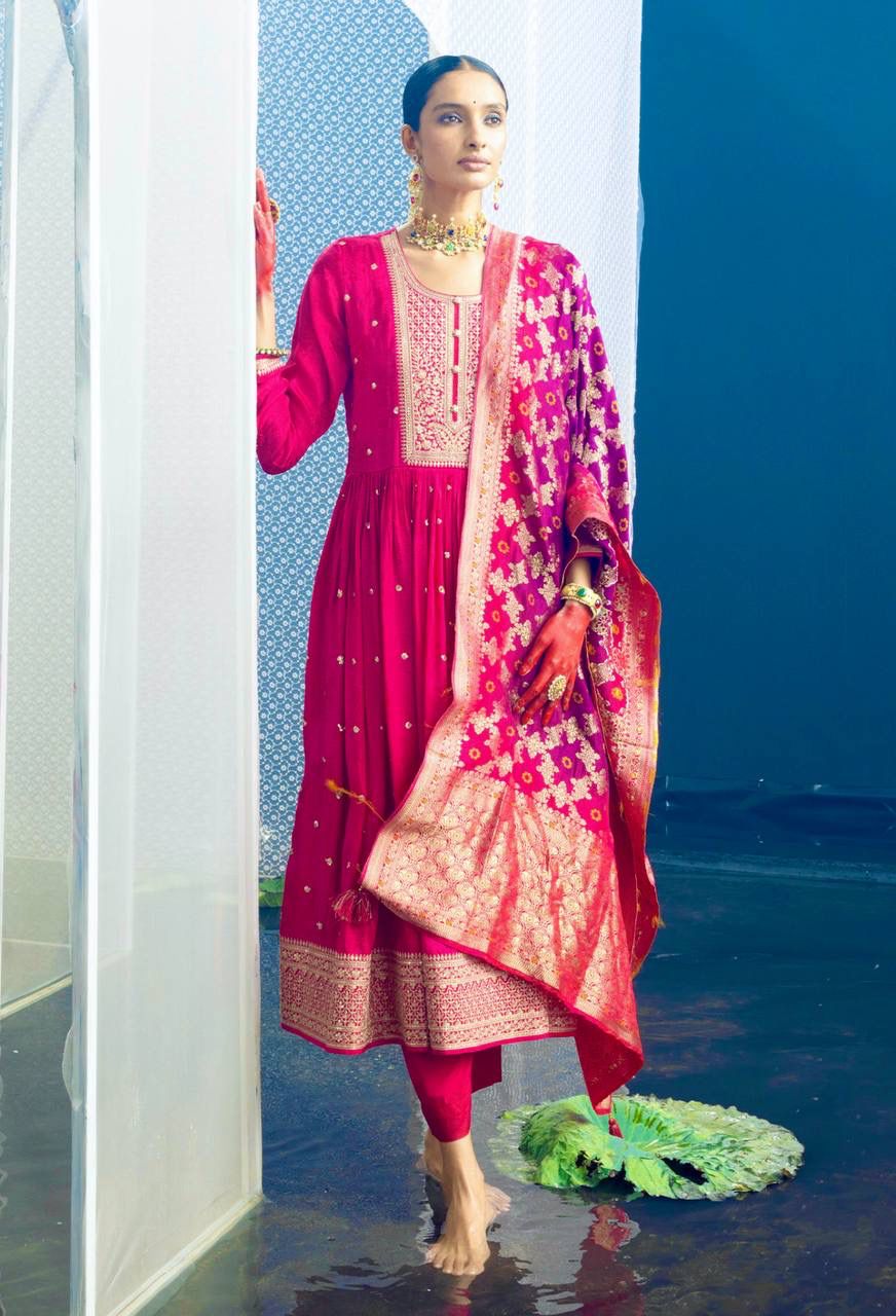 Pure Chinon Silk Gown Pant Dupatta Set – Heavy Sequin Embroidery with Digital Print Dupatta | House of ShiVisha™ | Ready-to-Wear Luxe Edition