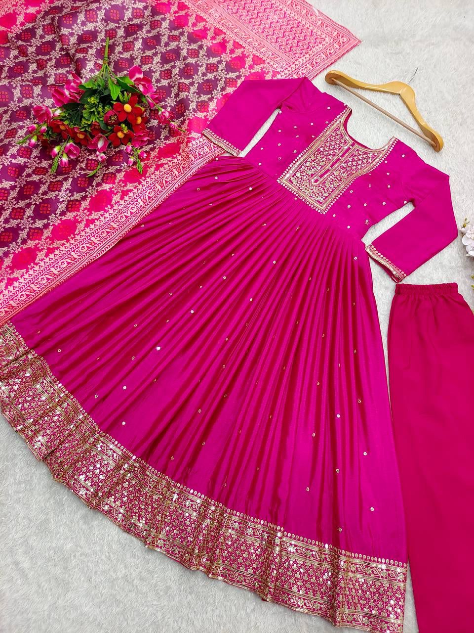 Pure Chinon Silk Gown Pant Dupatta Set – Heavy Sequin Embroidery with Digital Print Dupatta | House of ShiVisha™ | Ready-to-Wear Luxe Edition