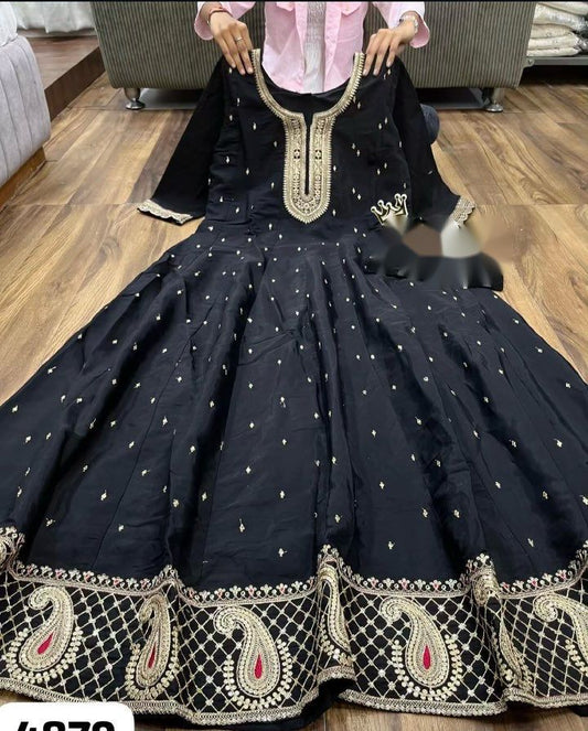 Pure Natural Crepe Gown Pant Dupatta Set – Heavy 5mm Sequin Embroidery with Full Sleeves | House of ShiVisha™ | Ready-to-Wear Luxe Edition