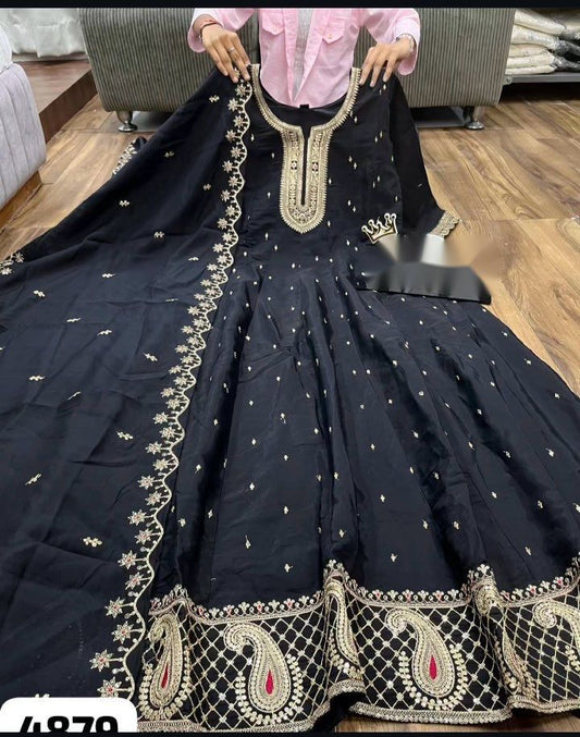 Pure Natural Crepe Gown Pant Dupatta Set – Heavy 5mm Sequin Embroidery with Full Sleeves | House of ShiVisha™ | Ready-to-Wear Luxe Edition