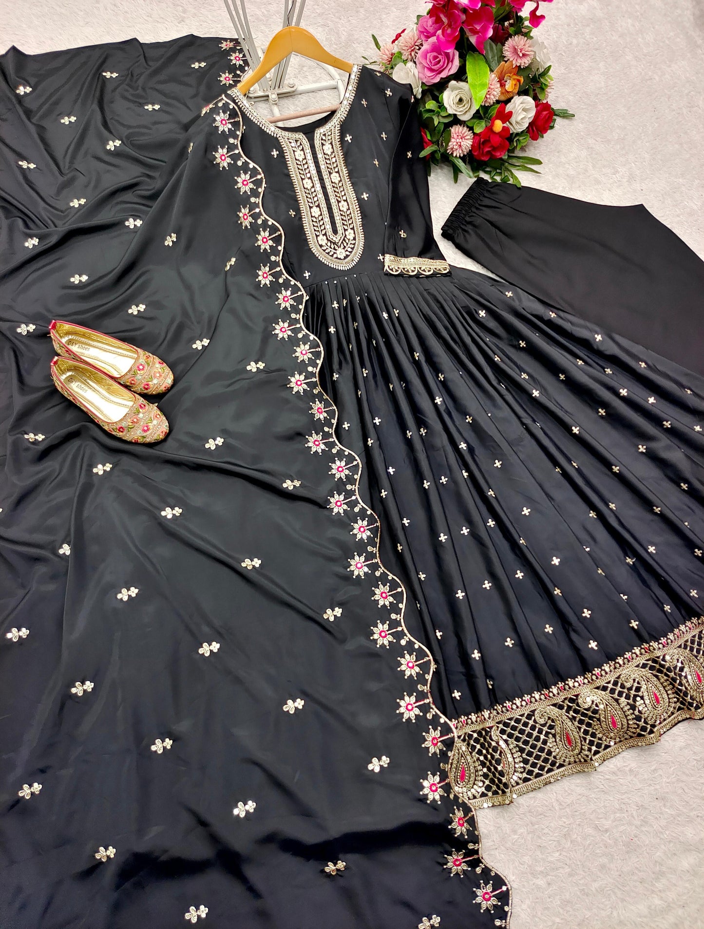 Pure Natural Crepe Gown Pant Dupatta Set – Heavy 5mm Sequin Embroidery with Full Sleeves | House of ShiVisha™ | Ready-to-Wear Luxe Edition