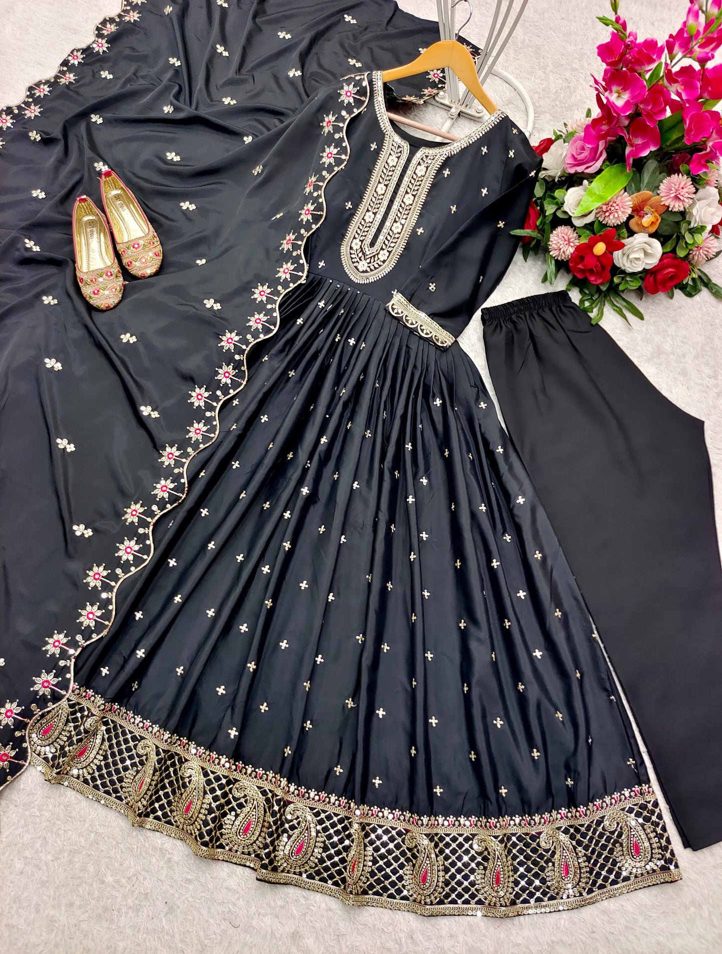 Pure Natural Crepe Gown Pant Dupatta Set – Heavy 5mm Sequin Embroidery with Full Sleeves | House of ShiVisha™ | Ready-to-Wear Luxe Edition