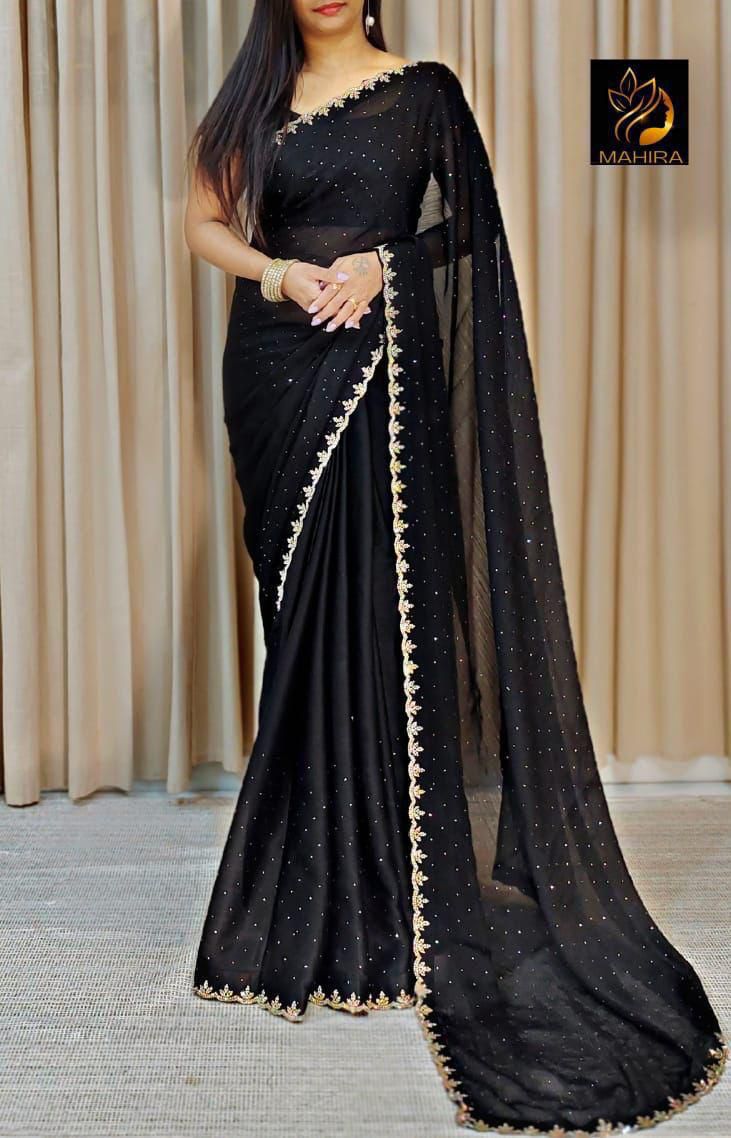 Pure Satin Chiffon Saree – All Over Sirozski Work with Cutwork Border | House of ShiVisha™ | Code: KK-DIPAK - Image 1