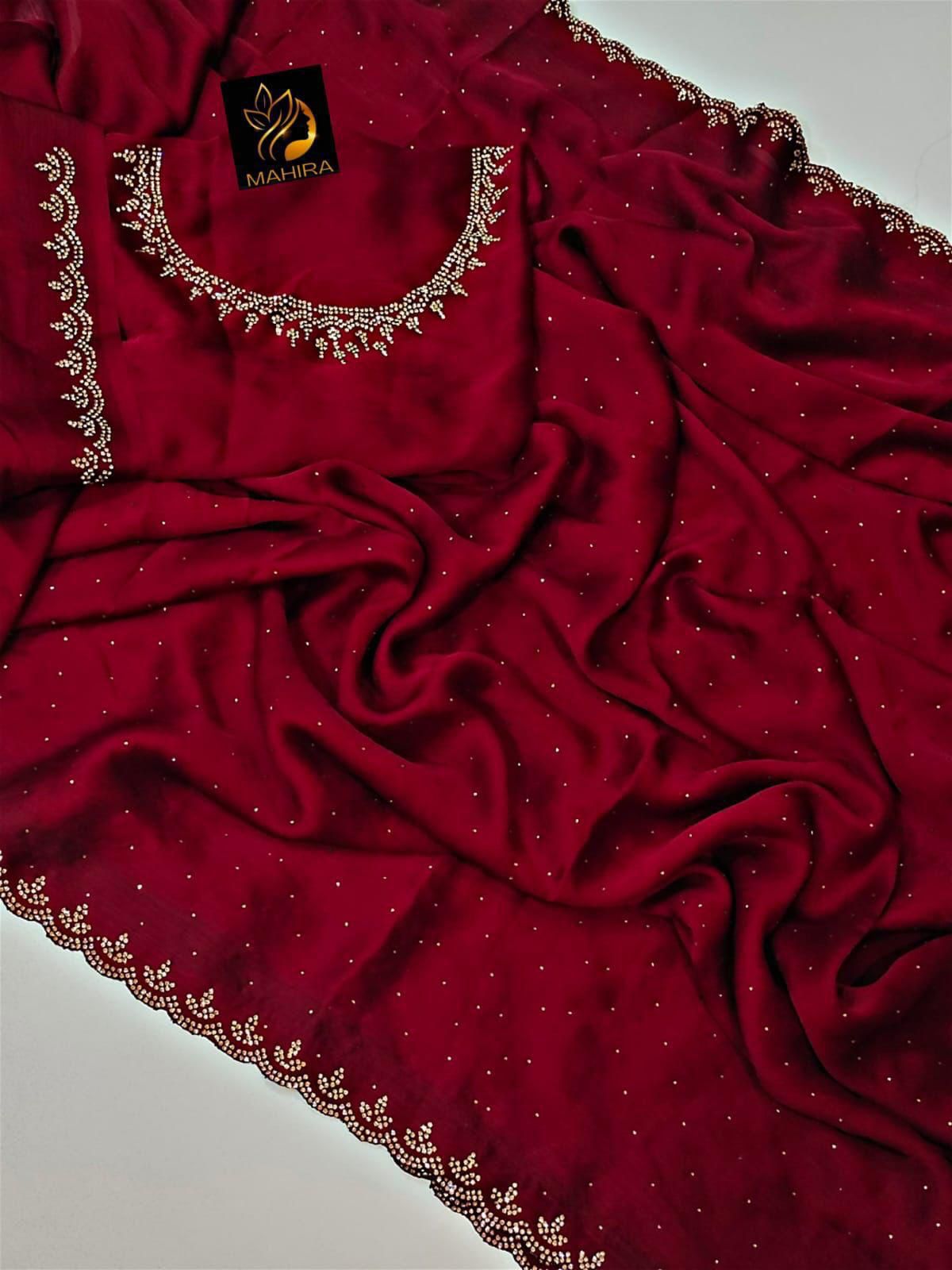 Pure Satin Chiffon Saree – All Over Sirozski Work with Cutwork Border | House of ShiVisha™ | Code: KK-DIPAK - Image 10