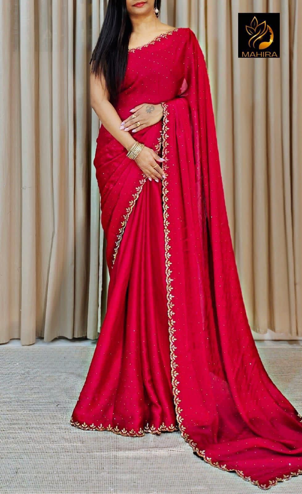Pure Satin Chiffon Saree – All Over Sirozski Work with Cutwork Border | House of ShiVisha™ | Code: KK-DIPAK - Image 11