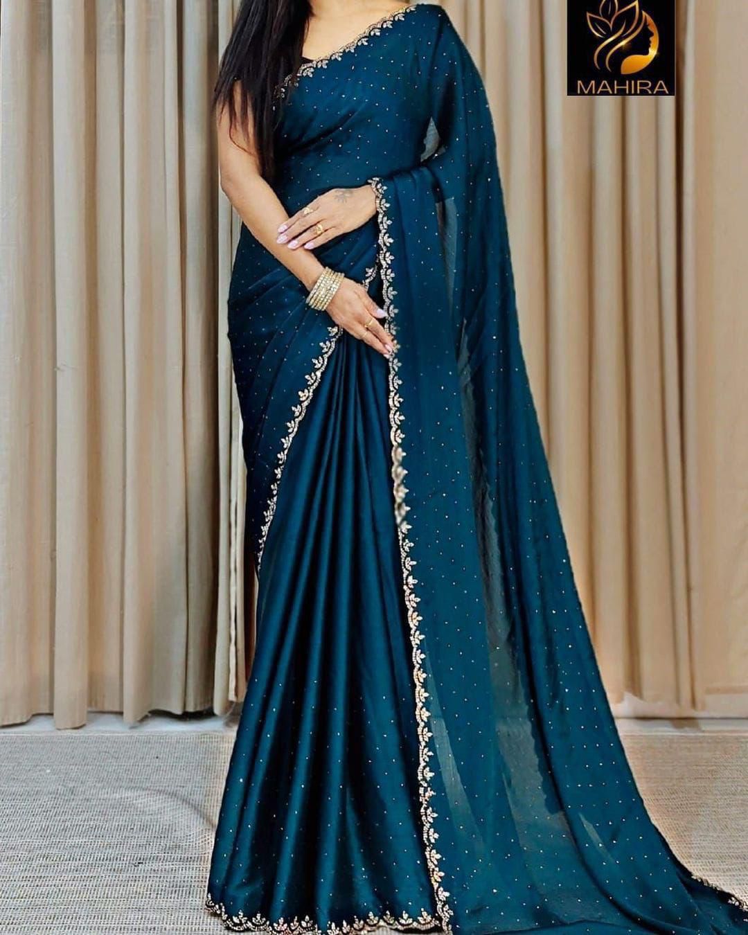 Pure Satin Chiffon Saree – All Over Sirozski Work with Cutwork Border | House of ShiVisha™ | Code: KK-DIPAK - Image 12