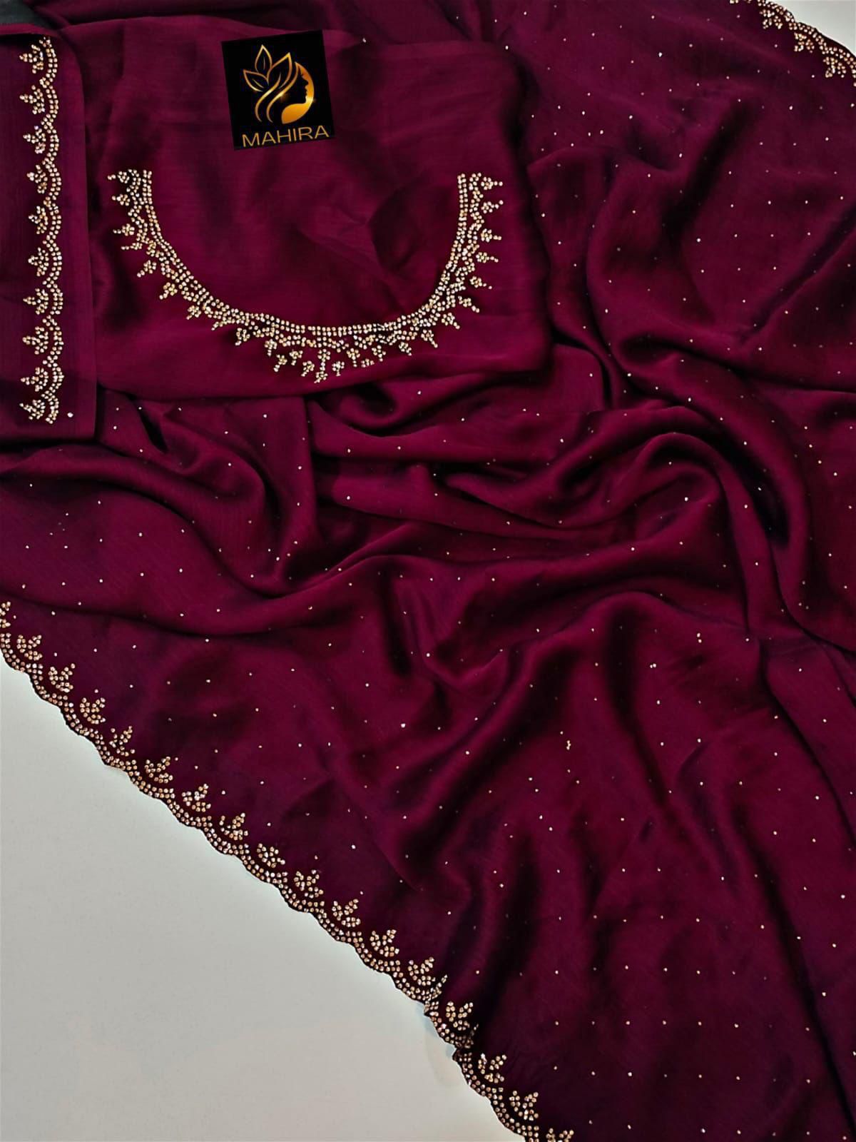 Pure Satin Chiffon Saree – All Over Sirozski Work with Cutwork Border | House of ShiVisha™ | Code: KK-DIPAK - Image 13