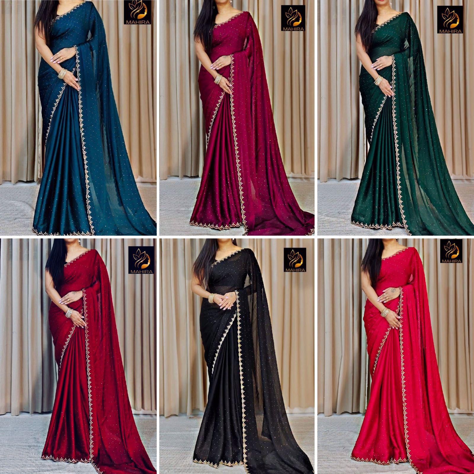 Pure Satin Chiffon Saree – All Over Sirozski Work with Cutwork Border | House of ShiVisha™ | Code: KK-DIPAK - Image 3