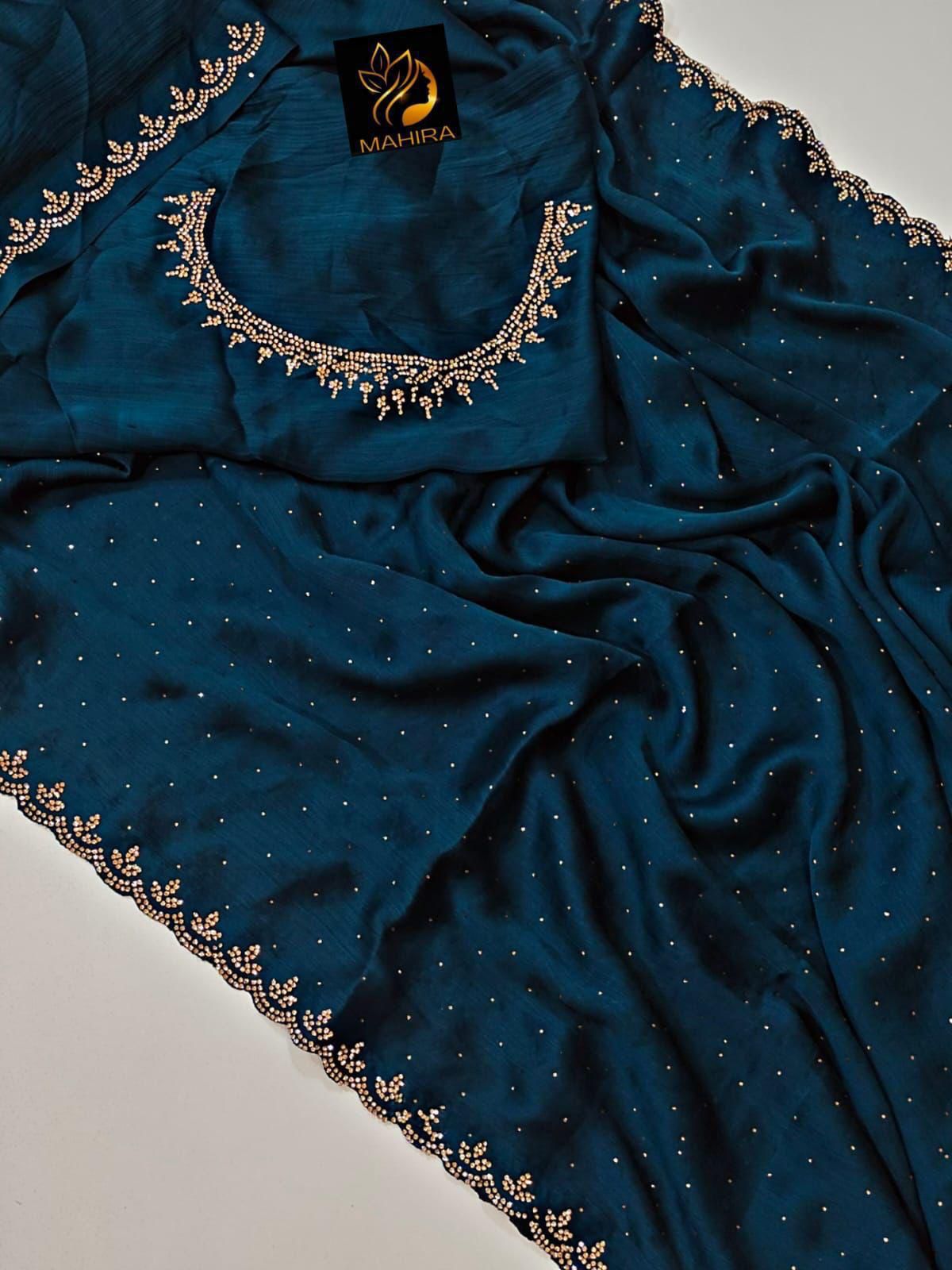 Pure Satin Chiffon Saree – All Over Sirozski Work with Cutwork Border | House of ShiVisha™ | Code: KK-DIPAK - Image 6