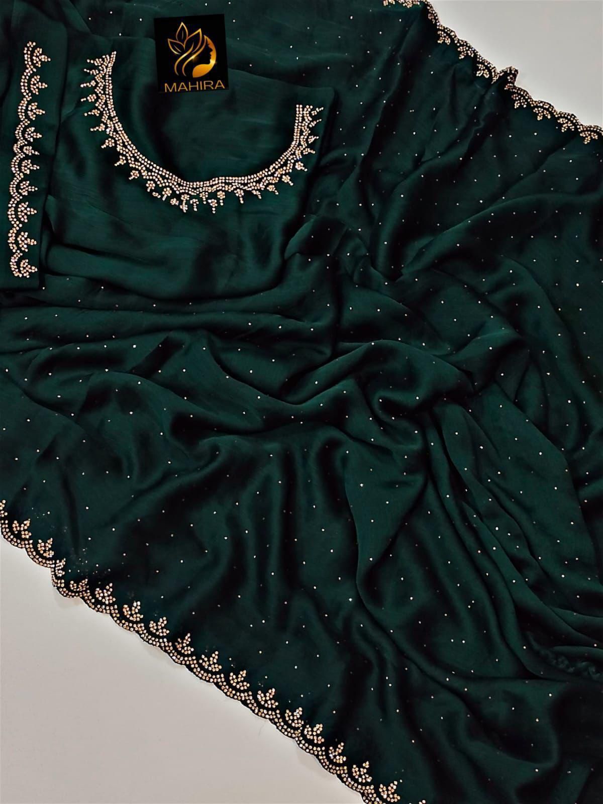 Pure Satin Chiffon Saree – All Over Sirozski Work with Cutwork Border | House of ShiVisha™ | Code: KK-DIPAK - Image 7