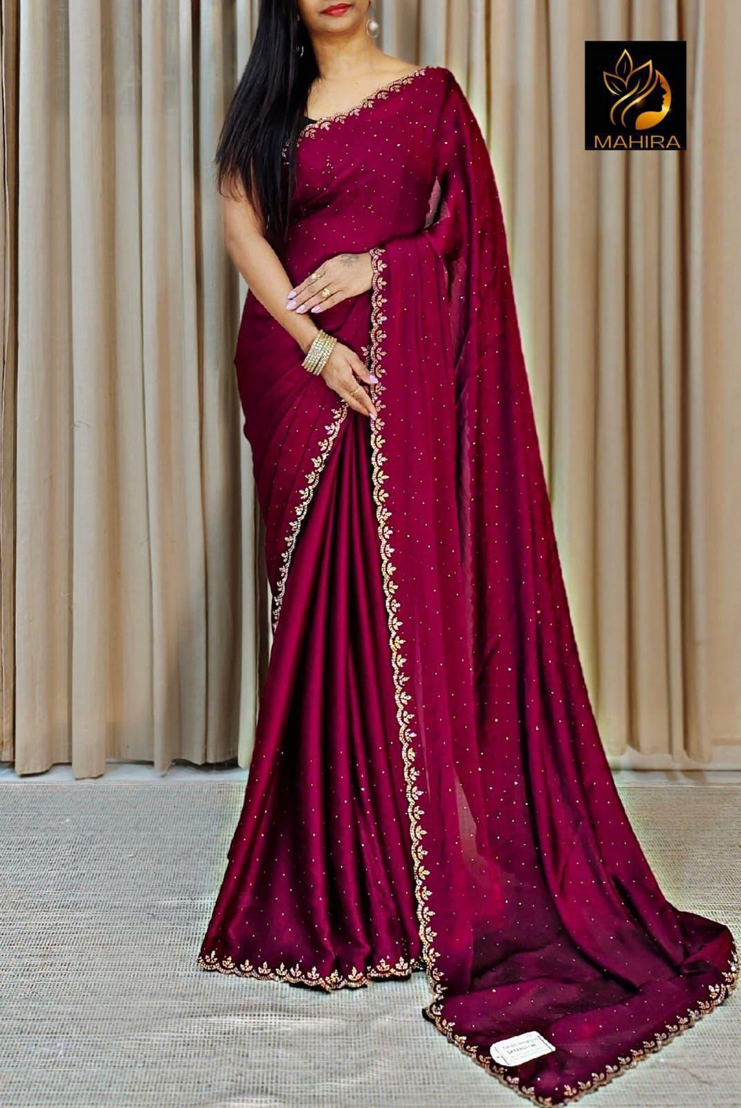 Pure Satin Chiffon Saree – All Over Sirozski Work with Cutwork Border | House of ShiVisha™ | Code: KK-DIPAK - Image 8
