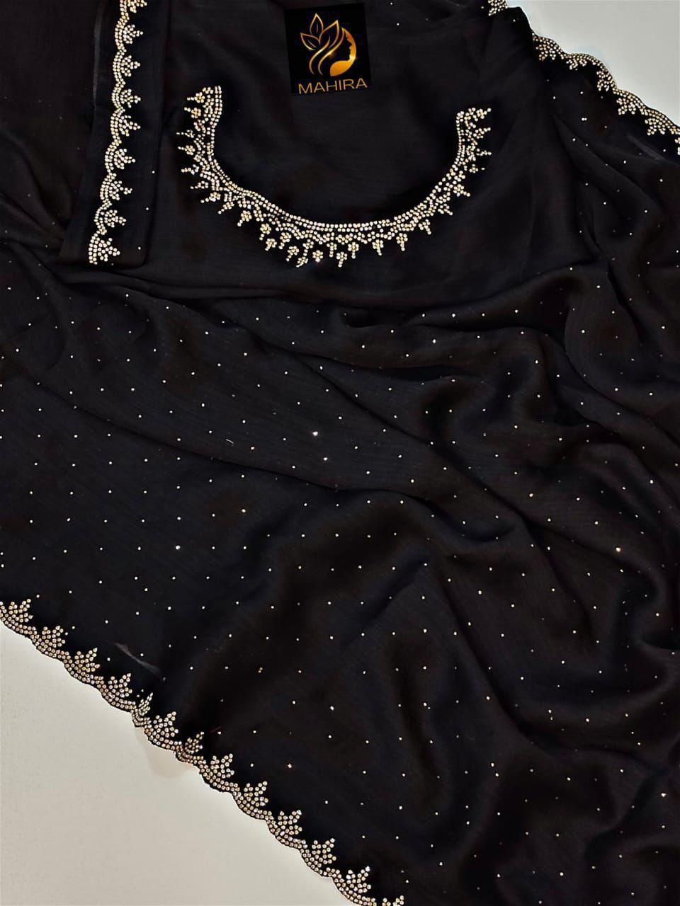 Pure Satin Chiffon Saree – All Over Sirozski Work with Cutwork Border | House of ShiVisha™ | Code: KK-DIPAK - Image 9