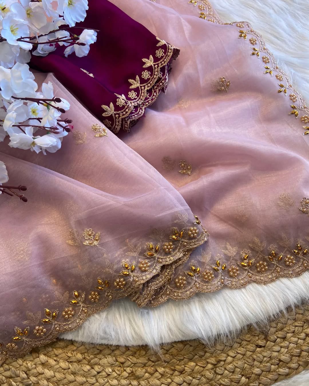 Pure Soft Twills Oranga Saree – All Over Handwork with Rangoli Satin Blouse | House of ShiVisha™ | Code: HOS-SR001-KOTHARINX4