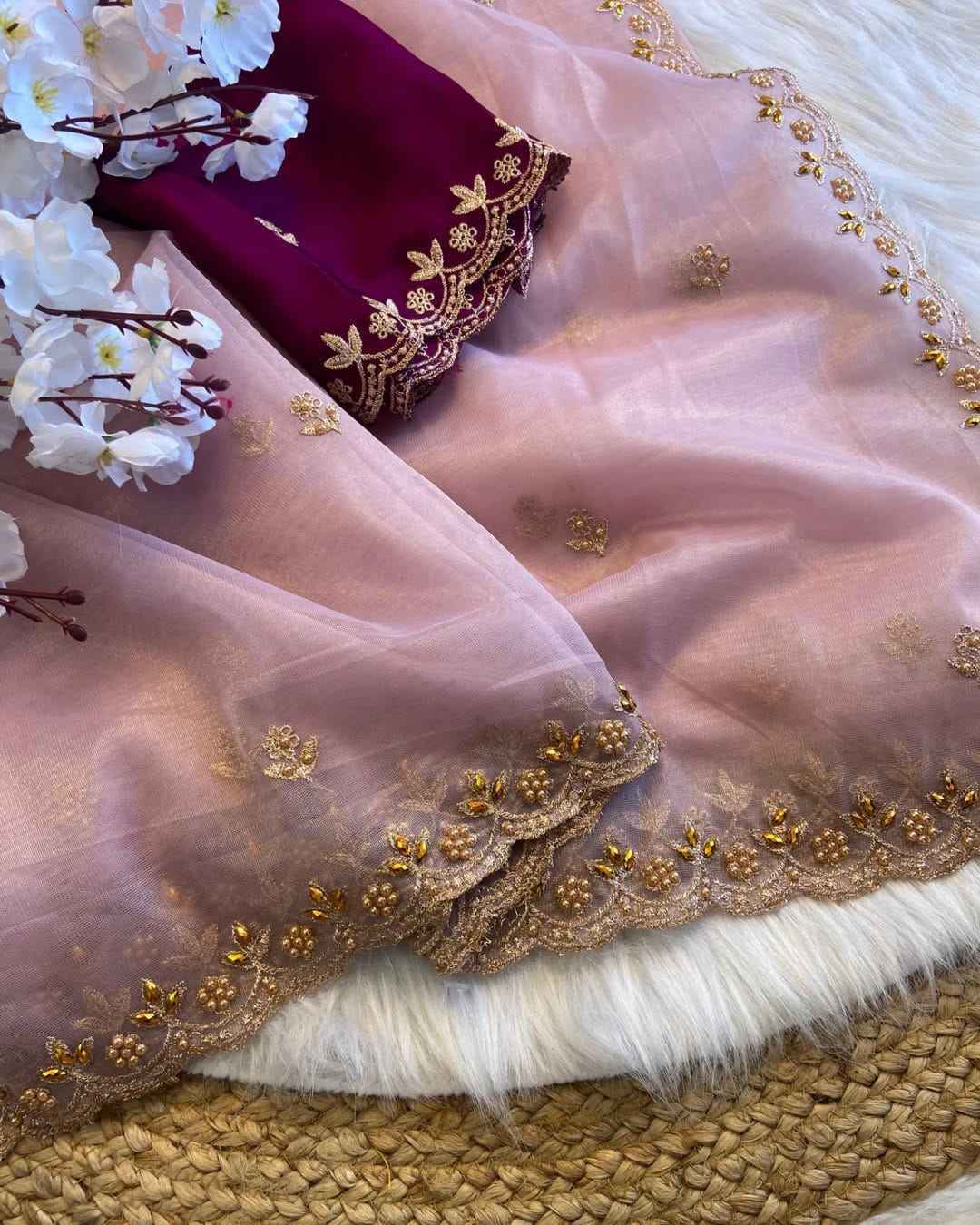 Pure Soft Twills Organza Saree – All-Over Handwork with Heavy Satin Handwork Blouse | House of ShiVisha™