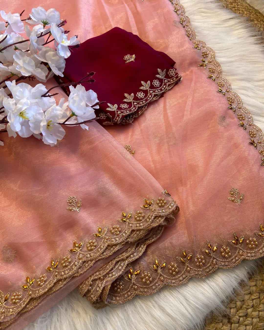 Pure Soft Twills Organza Saree – All-Over Handwork with Heavy Satin Handwork Blouse | House of ShiVisha™