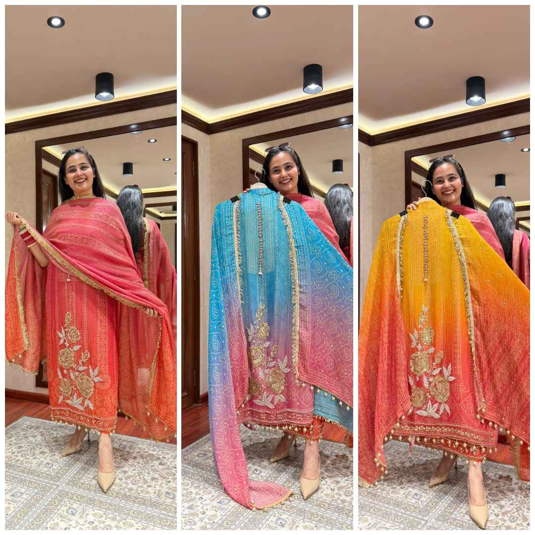 Pure Softy Chinon Silk Kurti Pant Dupatta Set – Aari & Hand Embroidery Work with Cotton Lining | House of ShiVisha™