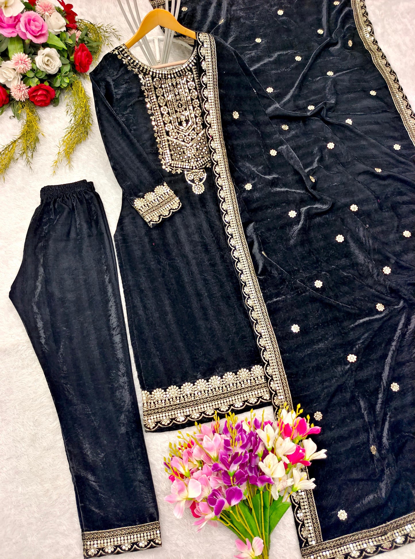 FD-101 Pure Velvet Top Pant Dupatta Set – Heavy 5mm Sequin Embroidery with Rich Viscous Velvet Finish | House of ShiVisha™ | Royal Luxe Edition