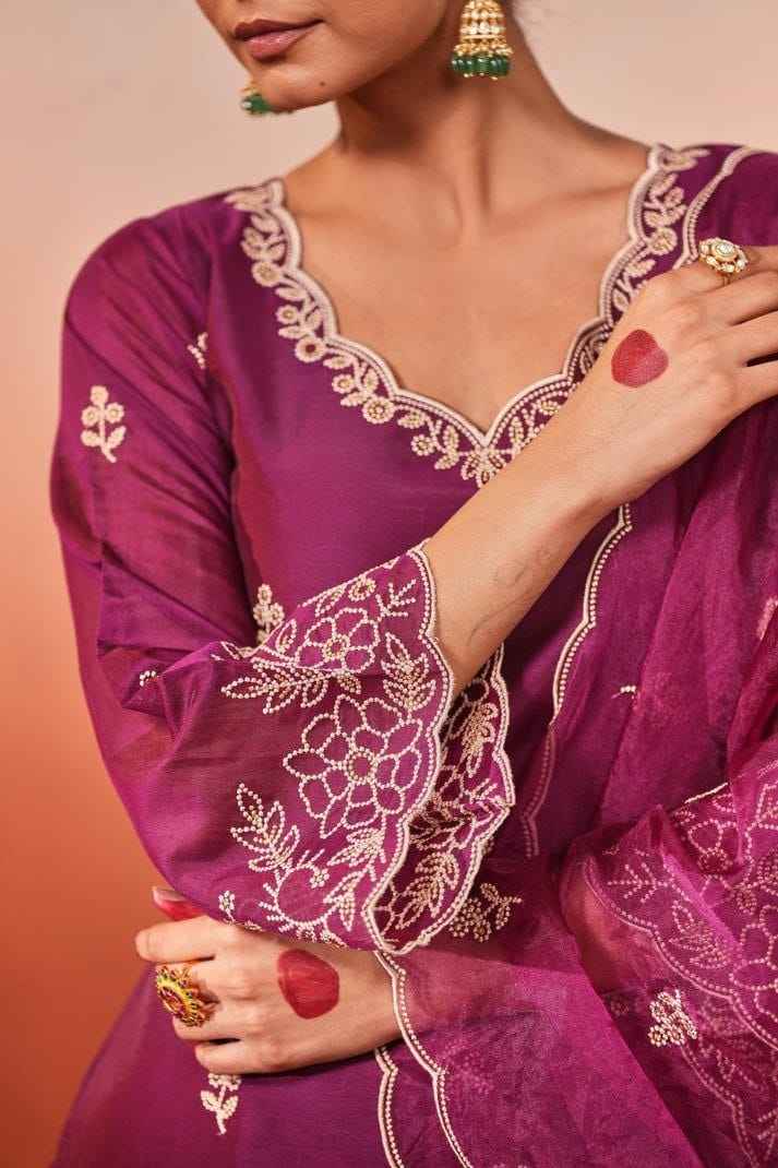 RAASHA Chanderi Silk Kurti Palazzo Dupatta Set – Cotton Thread Embroidery with Full Cotton Lining | House of ShiVisha™