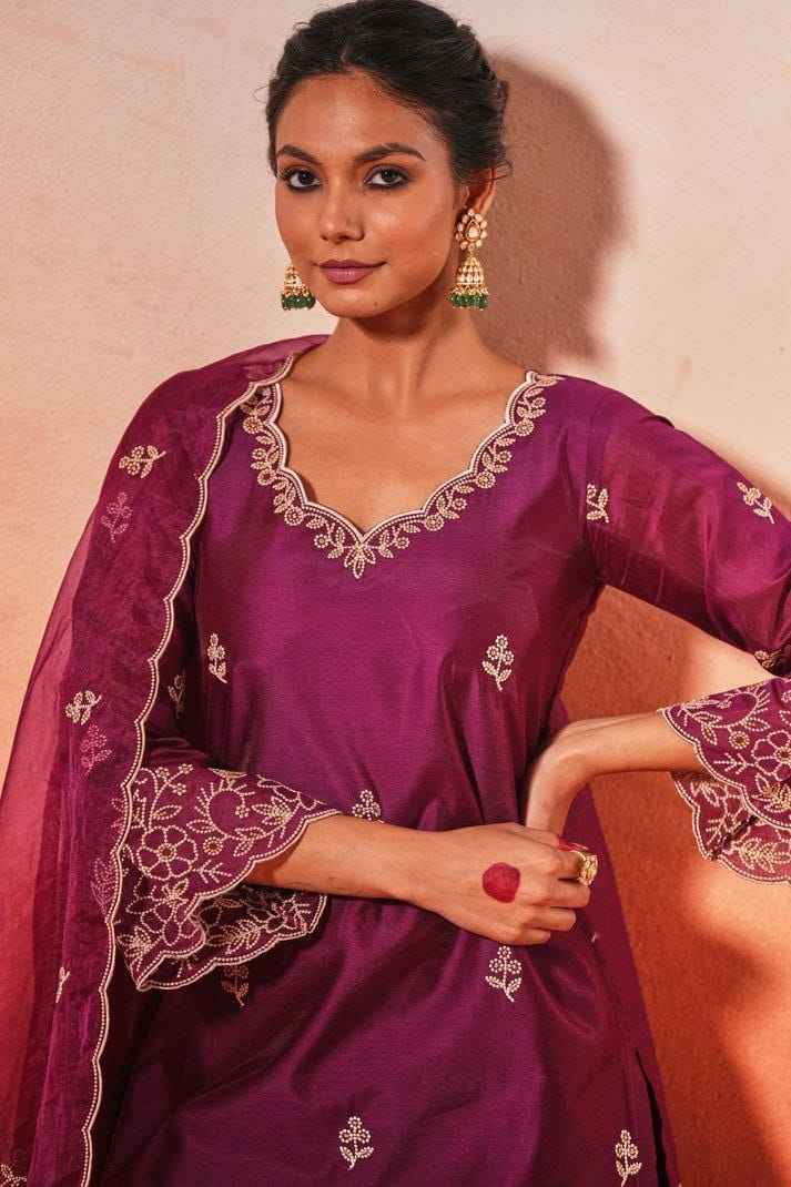 RAASHA Chanderi Silk Kurti Palazzo Dupatta Set – Cotton Thread Embroidery with Full Cotton Lining | House of ShiVisha™