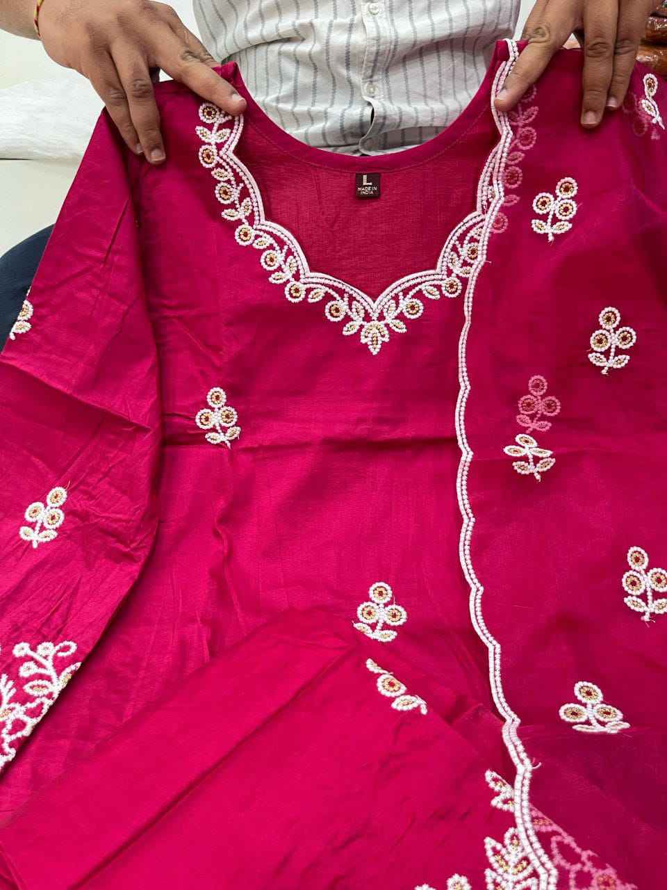 RAASHA Chanderi Silk Kurti Palazzo Dupatta Set – Cotton Thread Embroidery with Full Cotton Lining | House of ShiVisha™