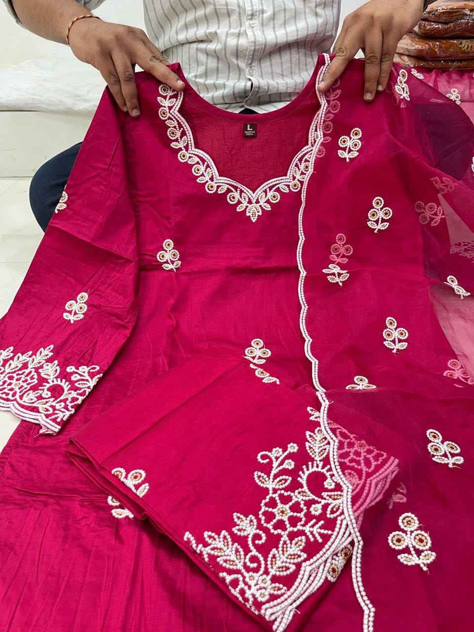 RAASHA Chanderi Silk Kurti Palazzo Dupatta Set – Cotton Thread Embroidery with Full Cotton Lining | House of ShiVisha™