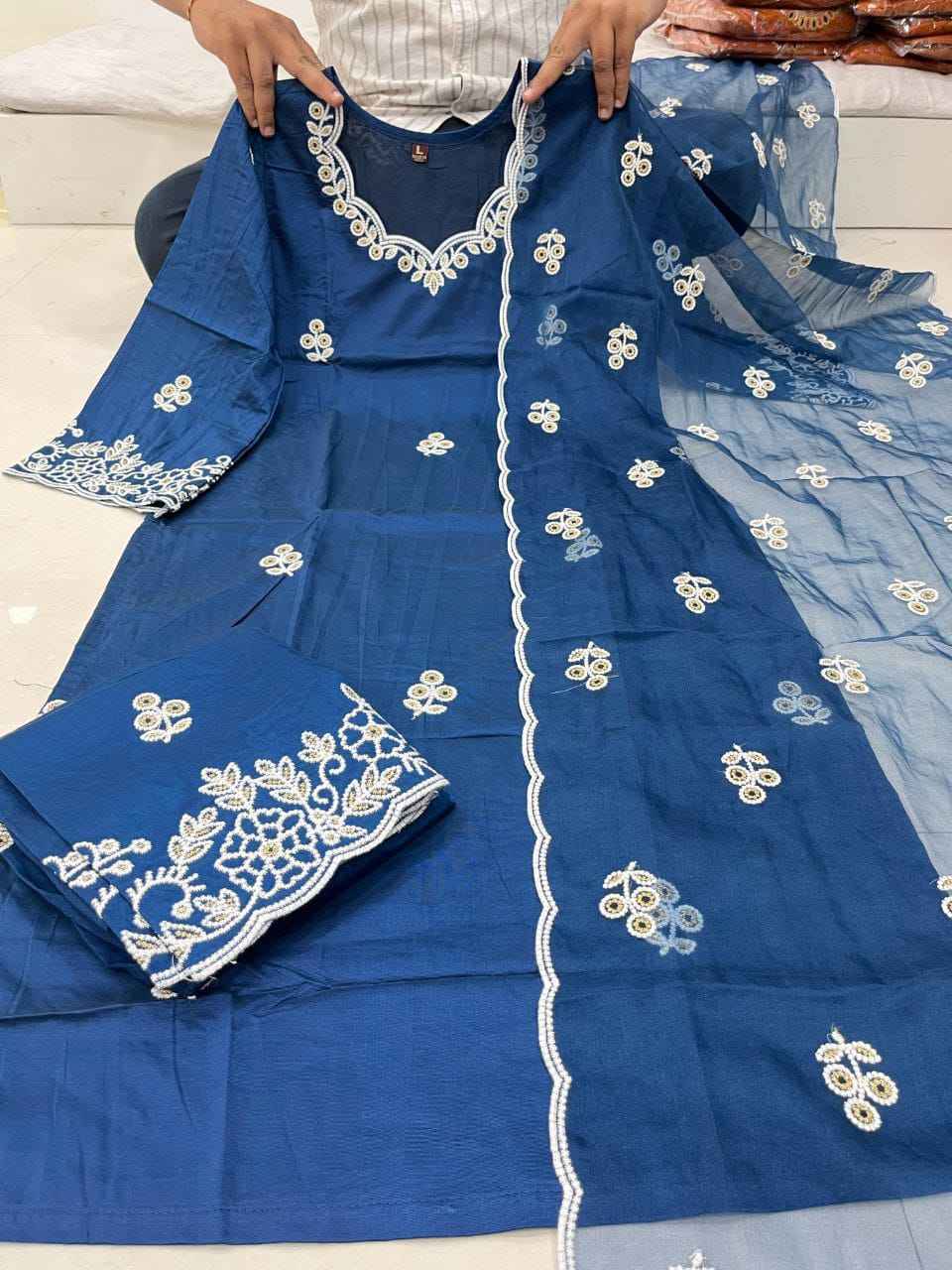 RAASHA Chanderi Silk Kurti Palazzo Dupatta Set – Cotton Thread Embroidery with Full Cotton Lining | House of ShiVisha™