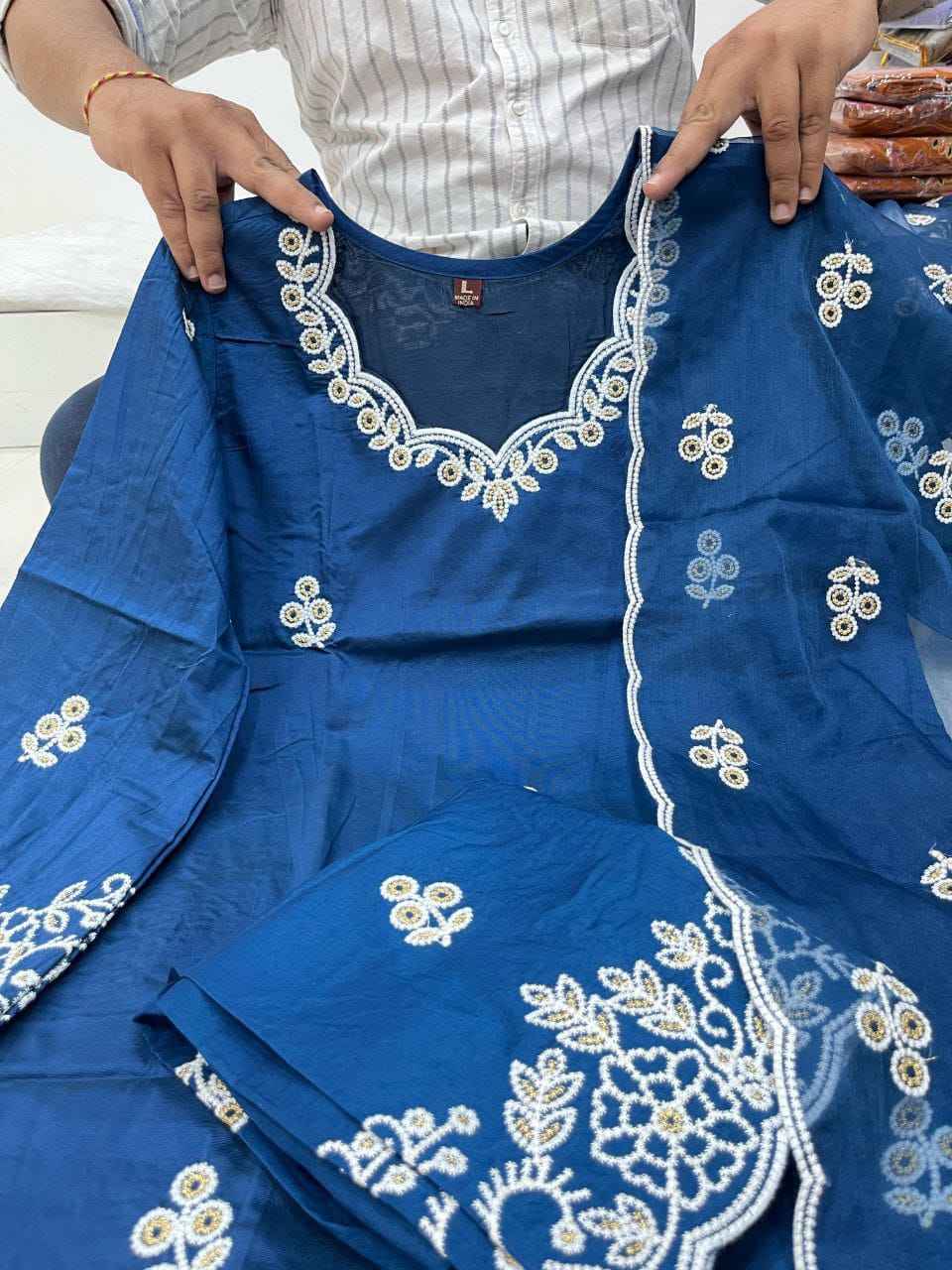 RAASHA Chanderi Silk Kurti Palazzo Dupatta Set – Cotton Thread Embroidery with Full Cotton Lining | House of ShiVisha™