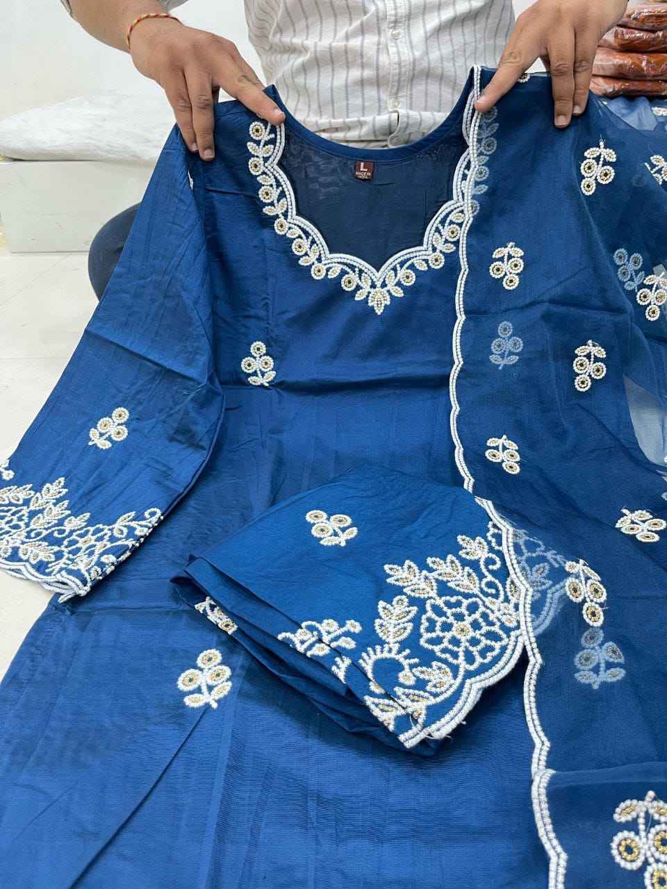 RAASHA Chanderi Silk Kurti Palazzo Dupatta Set – Cotton Thread Embroidery with Full Cotton Lining | House of ShiVisha™