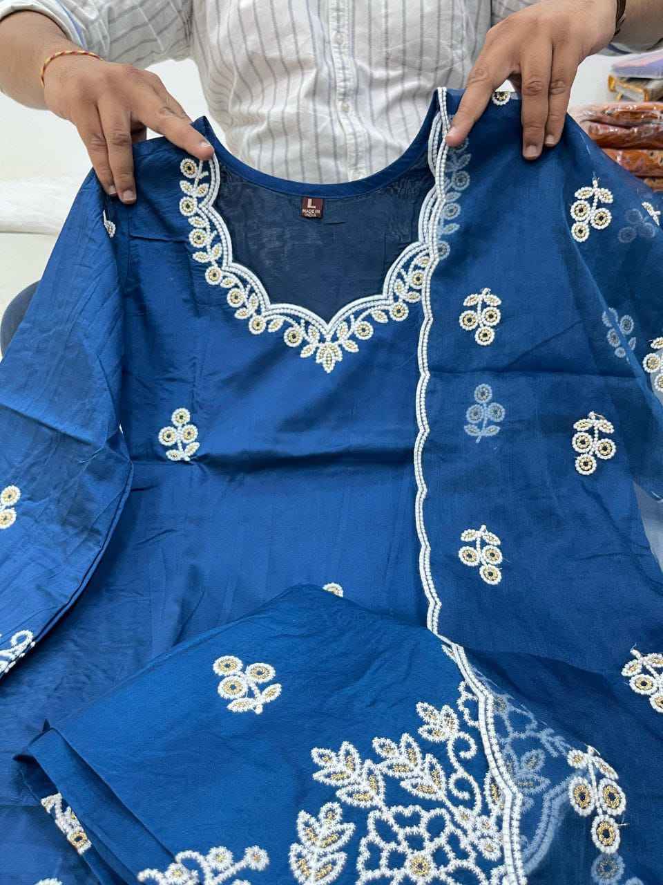 RAASHA Chanderi Silk Kurti Palazzo Dupatta Set – Cotton Thread Embroidery with Full Cotton Lining | House of ShiVisha™