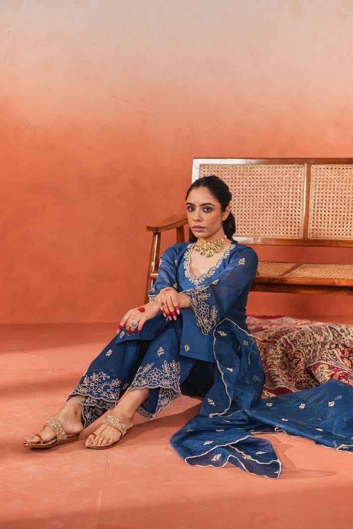 RAASHA Chanderi Silk Kurti Palazzo Dupatta Set – Cotton Thread Embroidery with Full Cotton Lining | House of ShiVisha™