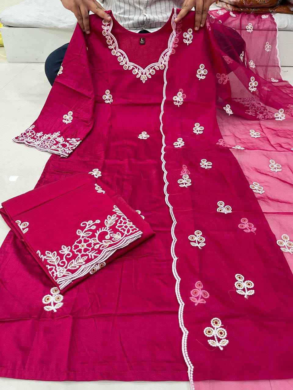 RAASHA Chanderi Silk Kurti Palazzo Dupatta Set – Cotton Thread Embroidery with Full Cotton Lining | House of ShiVisha™