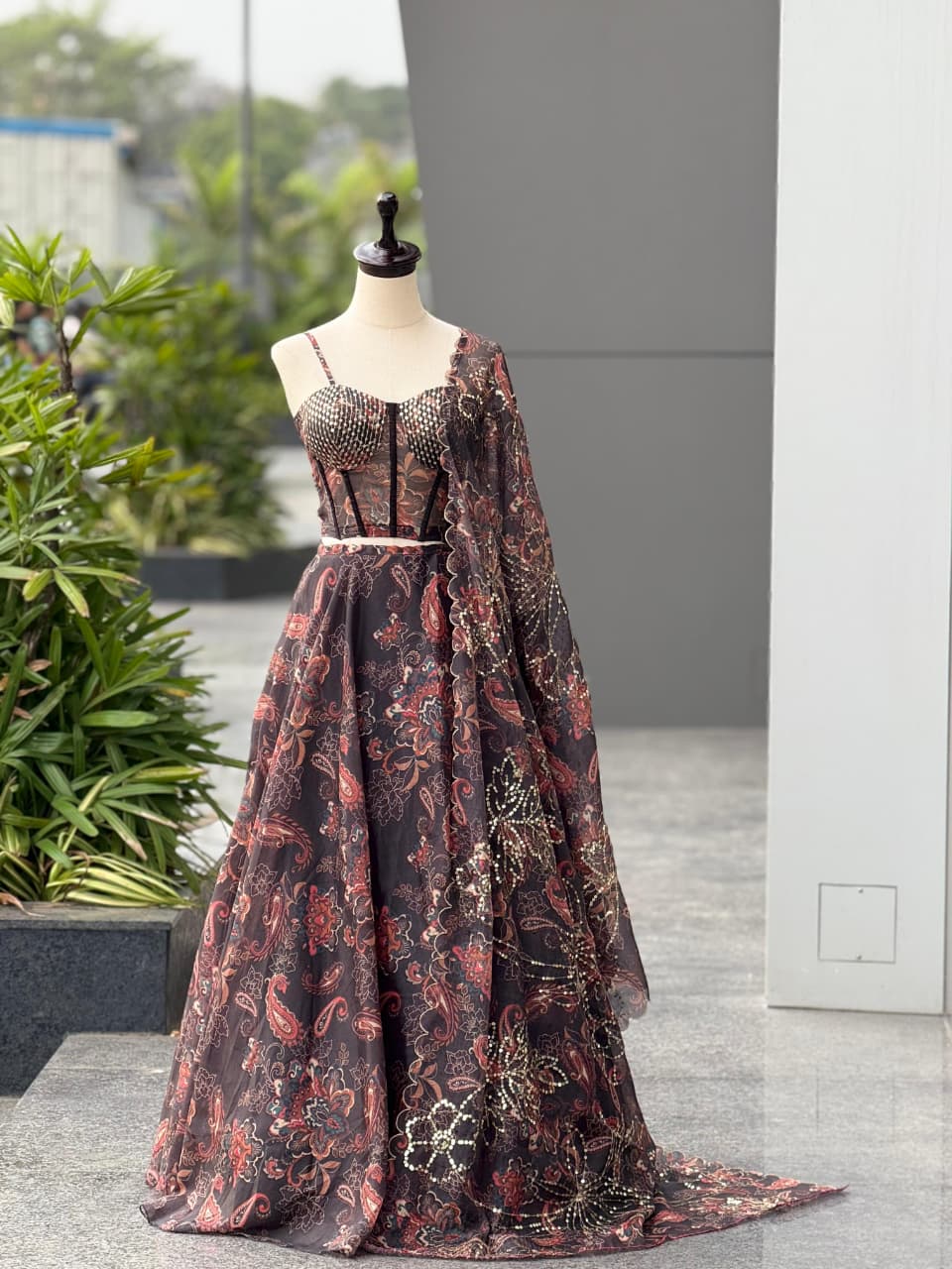 SCNX-1182 Jimmy Organza Corset Lehenga Set – Digital Print with Embroidery Sequin Work & Padded Blouse | House of ShiVisha™