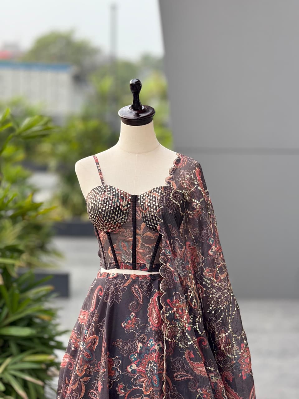 SCNX-1182 Jimmy Organza Corset Lehenga Set – Digital Print with Embroidery Sequin Work & Padded Blouse | House of ShiVisha™