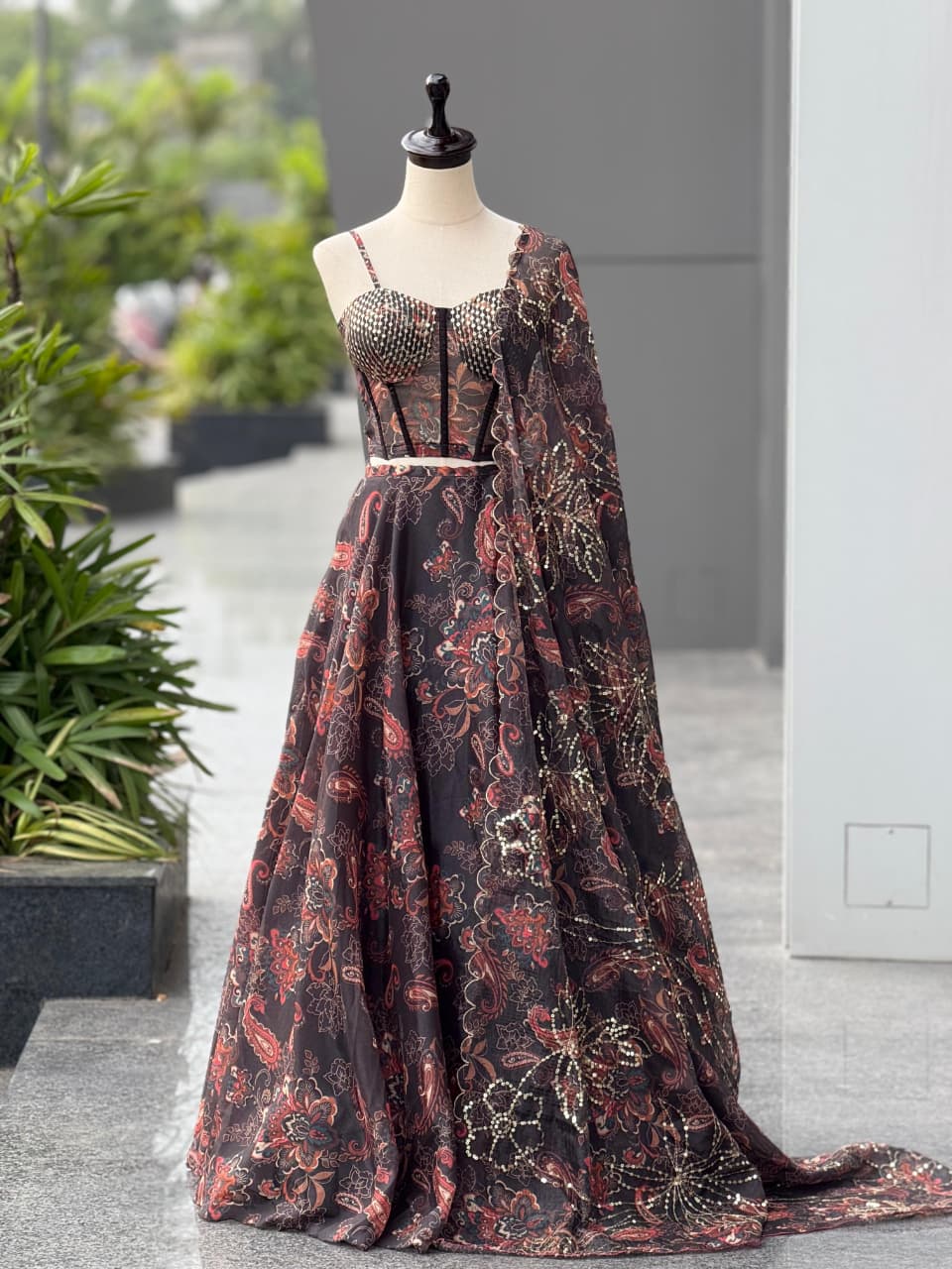 SCNX-1182 Jimmy Organza Corset Lehenga Set – Digital Print with Embroidery Sequin Work & Padded Blouse | House of ShiVisha™